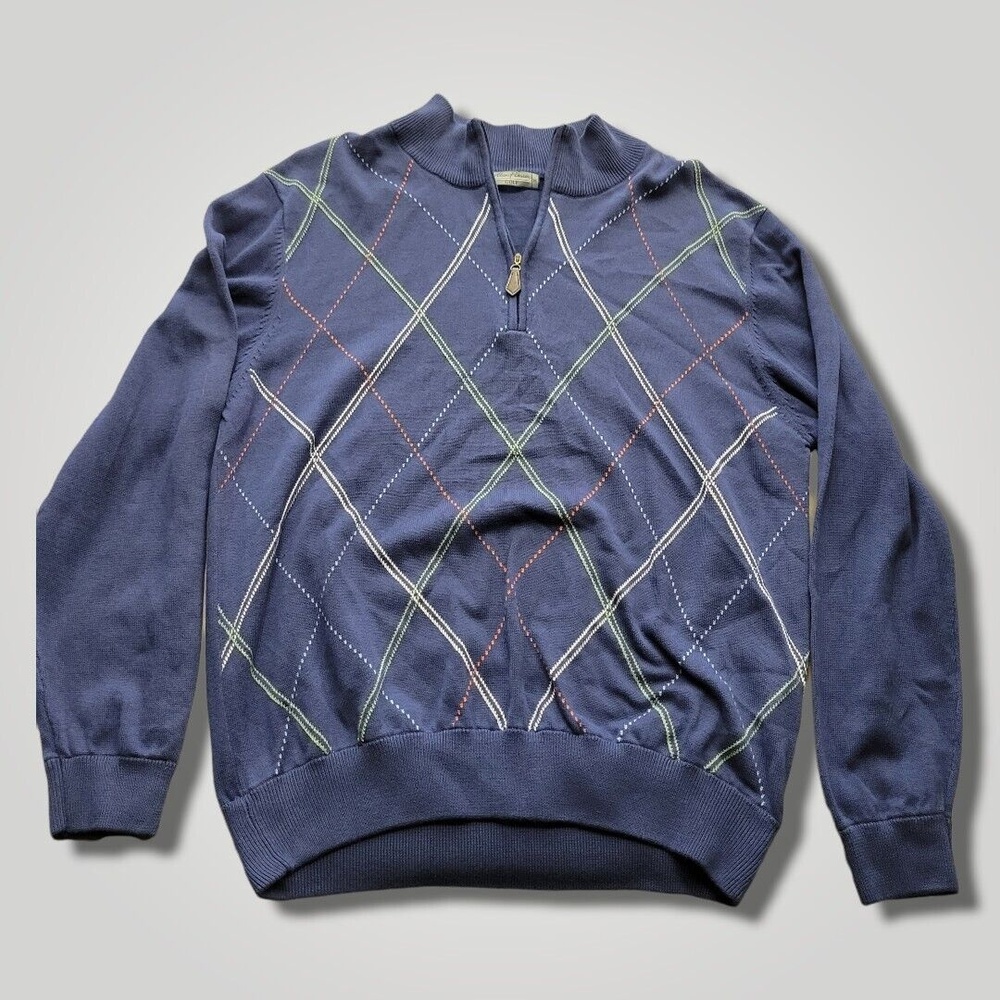 Alan Flusser Sweater Mens Medium Blue Pullover Pattern Quarter Zip Long Sleeve